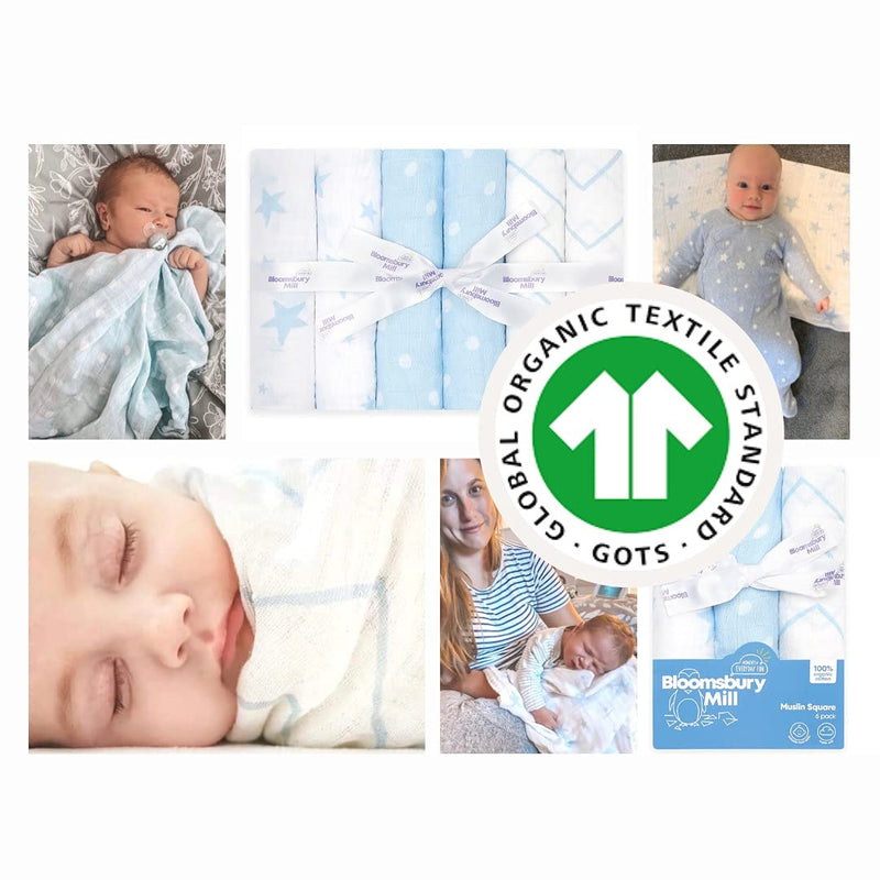 [Australia] - Bloomsbury Mill - Pack of 6 - 100% Organic Cotton Muslin Squares – Breathable & Soft Baby Cloths – Essential Newborn Gift in Stars, Chevrons & Polka Dots Designs - Blue & White - 70cm x 70cm 