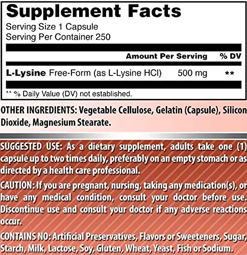 [Australia] - Amazing Formulas L-Lysine 500mg Amino Acid Capsules -(Non GMO,Gluten Free) - Immune Support, Respiratory Health & More (250 Caspules) 