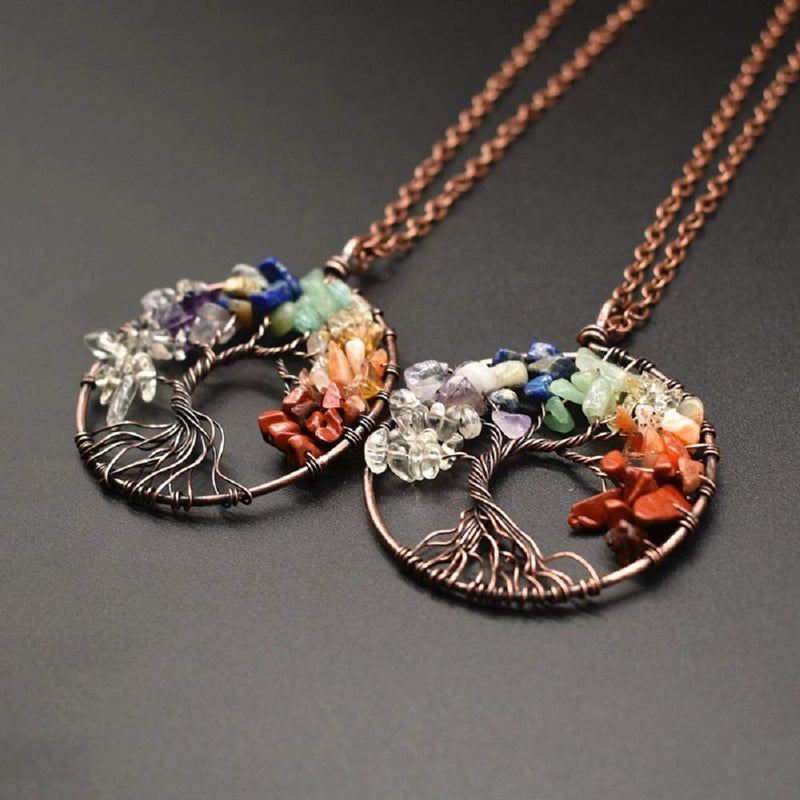 [Australia] - GUAGLL Tree of Life Crystal Pendant Necklace 7 Color Tumble Stone Exquisite Tree of Wisdom Ancient Copper Necklace 