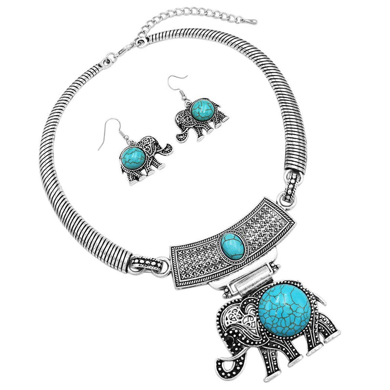 [Australia] - Rosemarie Collections Women’s Lucky Elephant Circular Natural Howlite Statement Necklace Earrings Set, 10"-13" with 3" Extension Turquoise Howlite/Silver Tone 