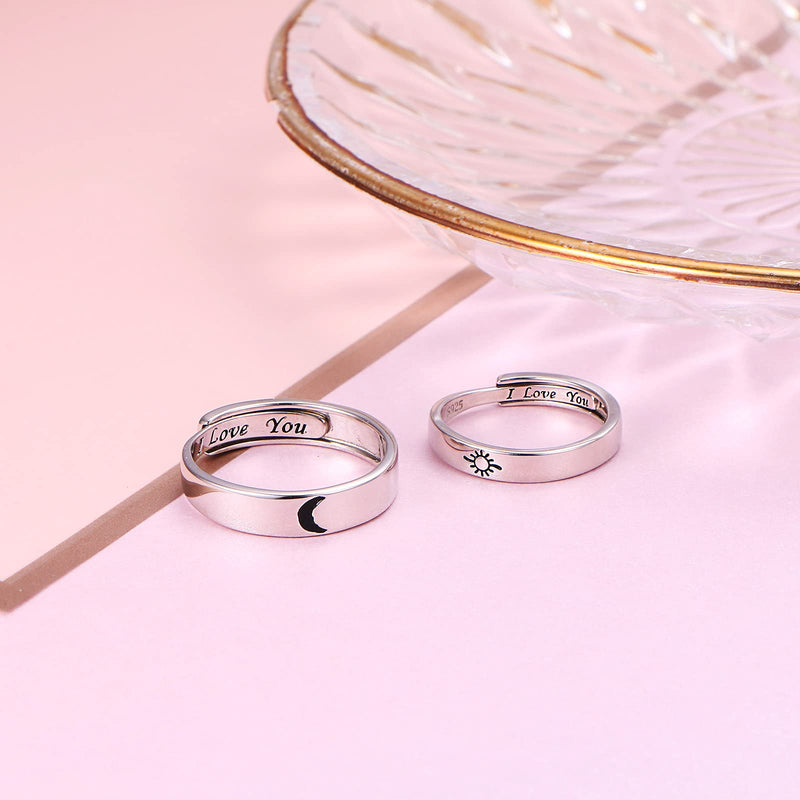 [Australia] - 2PCS 925 Sterling Silver Adjustable Rings Couples Promise Engagement Rings for Lovers His and Her Set Sun and Moon 2In1 I Love You Rings 