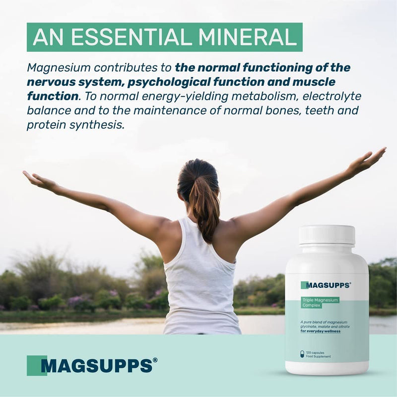 [Australia] - MAGSUPPS Triple Magnesium Complex - 300mg of Pure Magnesium Glycinate, Malate, & Citrate for Muscles, Sleep, Calm, & Energy - 40 Servings - 120 Capsules - UK Made - No Fillers 