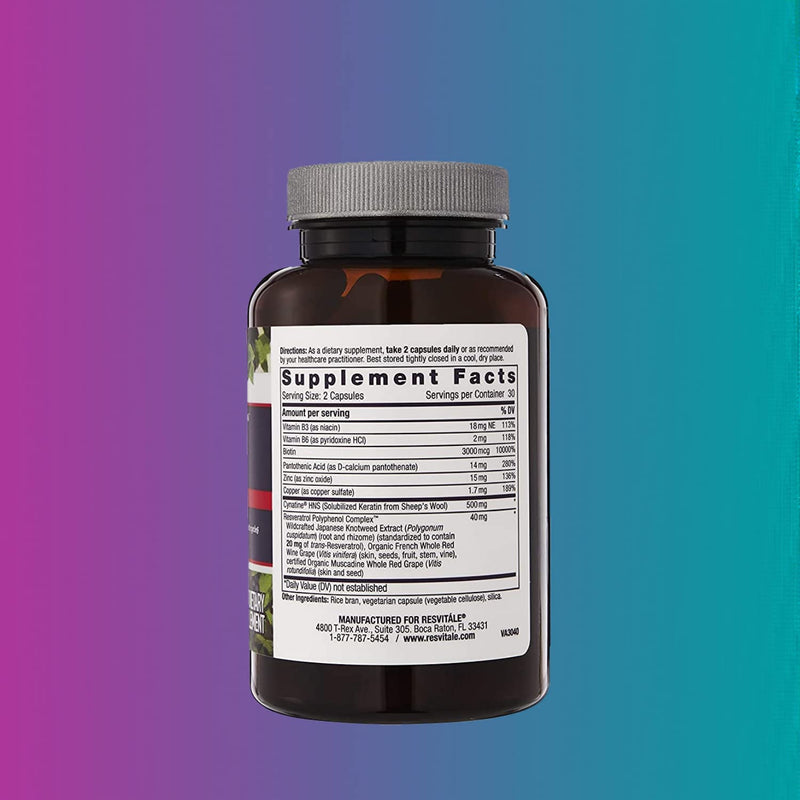 [Australia] - ResVitale Keratin Hair Enhance - Keratin Complex for Hair, Skin and Nails - Keratin Hair Booster with Resveratrol, Biotin, Vitamin B6, & Pantothenic Acid - 60 Veggie Caps 