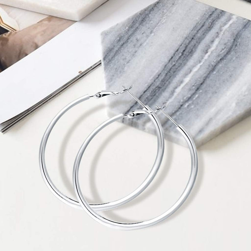 [Australia] - 3 Pairs Sterling Silver Hoop Earrings - 14k White Gold Plated Hoop Earrings Big Hoop Earrings Set Silver Hoop Earrings for Women Girls Valentine's Day Gift (40MM 50MM 60MM) … A-Silver 40mm 50mm 60mm 
