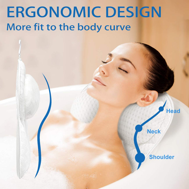 [Australia] - COSYLAND Upgraded Spa Bath Pillow for Bathtub (Breathable 4D Air Mesh), 6 Strong Suction Cups for Hot Tub Headrest Neck and Shoulder Support, Cozy Pillows Soft and Quick Dry, White 
