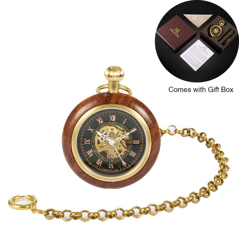 [Australia] - ManChDa Steampunk Mechanical Hand Wind Skeleton Pocket Watch Roman Copper Wooden with Chain Gift Box 1.Brown 