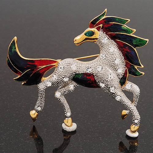 [Australia] - Avalaya Oversized Diamante Enamel Horse Brooch in Rhodium Plated Metal 