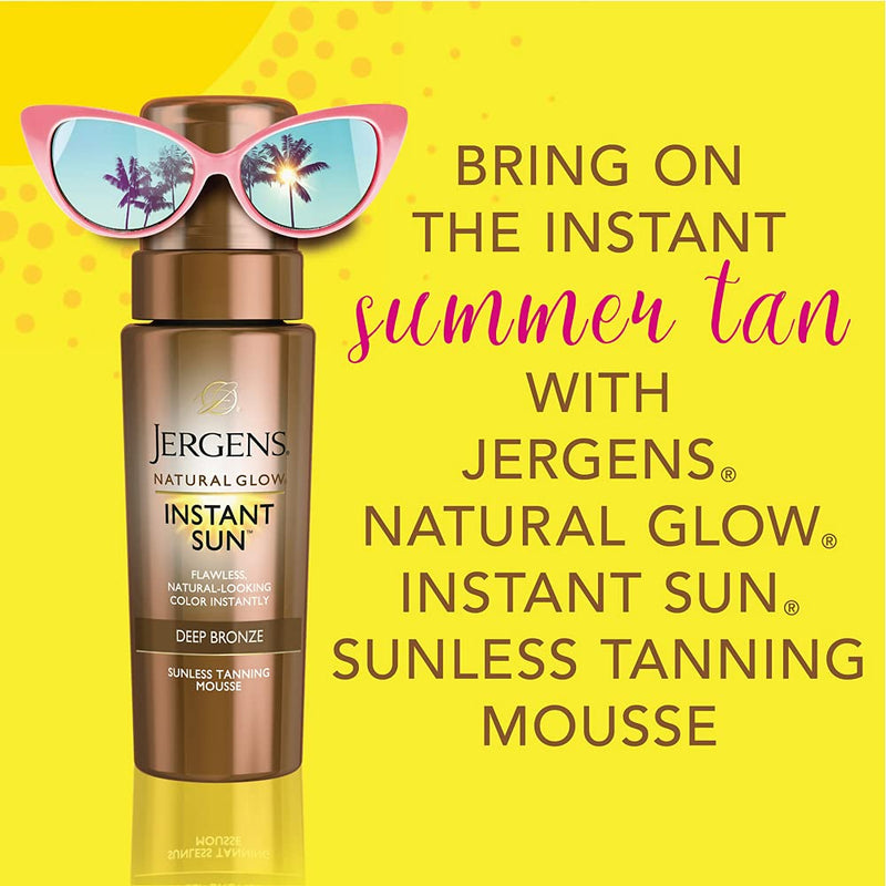 [Australia] - Jergens Natural Glow Instant Sun Body Mousse, Self Tanner for Deep Bronze Tan, Sunless Tanning Body Bronzer, Natural Looking Fake Tan, 6 Ounce Instant Sun Sunless Tanning Mousse, Deep Bronze, 6 Ounce 