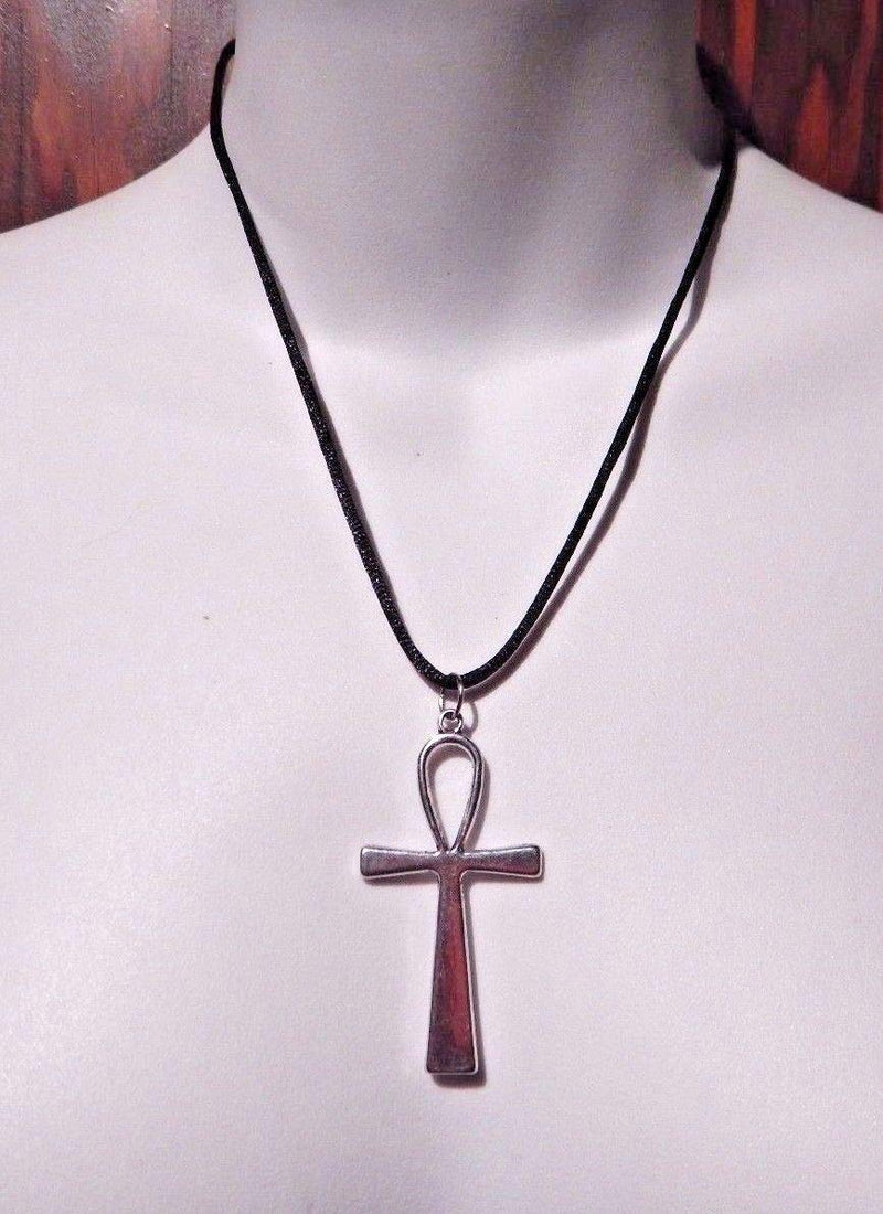 [Australia] - Silvertone Ankh Pendant on Black Cord Necklace Egyptian ansate Cross Amulet Death Cosplay 