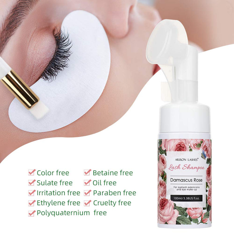 [Australia] - Eyelash Extension Shampoo + Brush / 100ml / Eyelid Foaming Cleanser/Wash for Extensions and Natural Lashes/Paraben & Sulfate Free Safe Makeup & Mascara Remover/Professional & Self Use Rose 