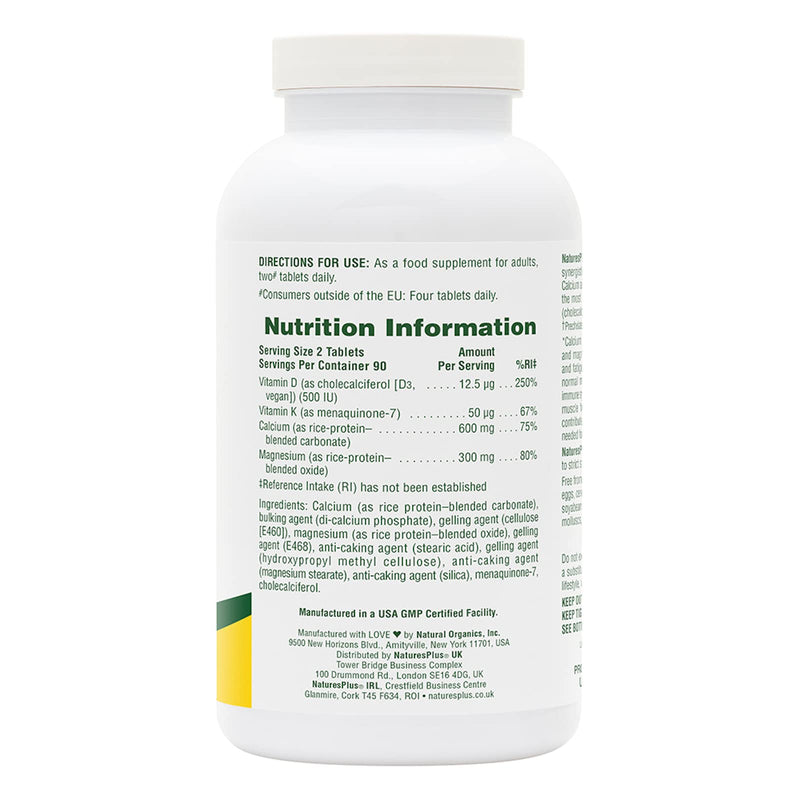 [Australia] - NaturesPlus Cal/Mag/VIT D3 with K2 - Bone Health Supplement with Calcium, Magnesium, Vitamin D3, K2 - Vegetarian, Gluten Free - 180 Tablets 180 Count (Pack of 1) 