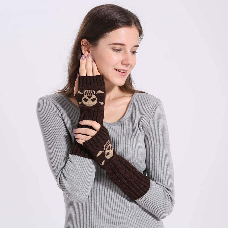 [Australia] - Urieo Winter Arms Warmers Acrylic Skull Knit Warm Thumb Hole Gloves Mittens for Women Coffee 