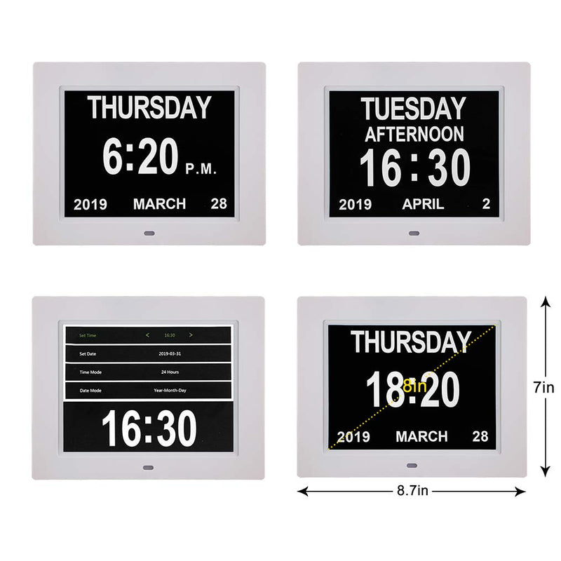 [Australia] - SSINI[12 Alarm Options] Digital Calendar Day Clock- 8" Large Screen Dementia Seniors Clock Display Non-Abbreviated Day & Month,Auto Dimmable for Seniors ,Alzheimer,Vision Impaired, Memory Loss White 