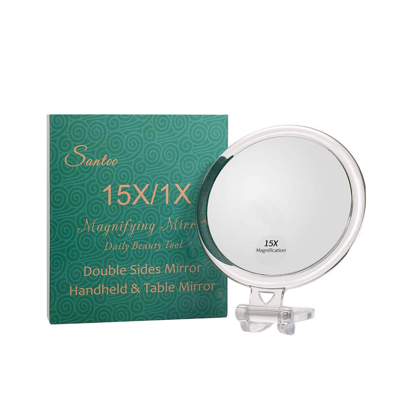 [Australia] - Compact Folding Hand Held Mirror / Tabletop Makeup Mirror with Two Sides of 15X Magnification & True View / 5 Inches Round Travel Mirror 