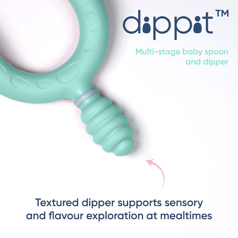 [Australia] - Bibado - Dippit Multi-Stage Self Feeding BPA Free Baby Spoons and Dipper, 2-Handed Multi-Grip Baby Led Weaning Spoons, baby spoons self feeding 6 months and Up, Infant Spoons, Mint and Blue, Pack of 2 