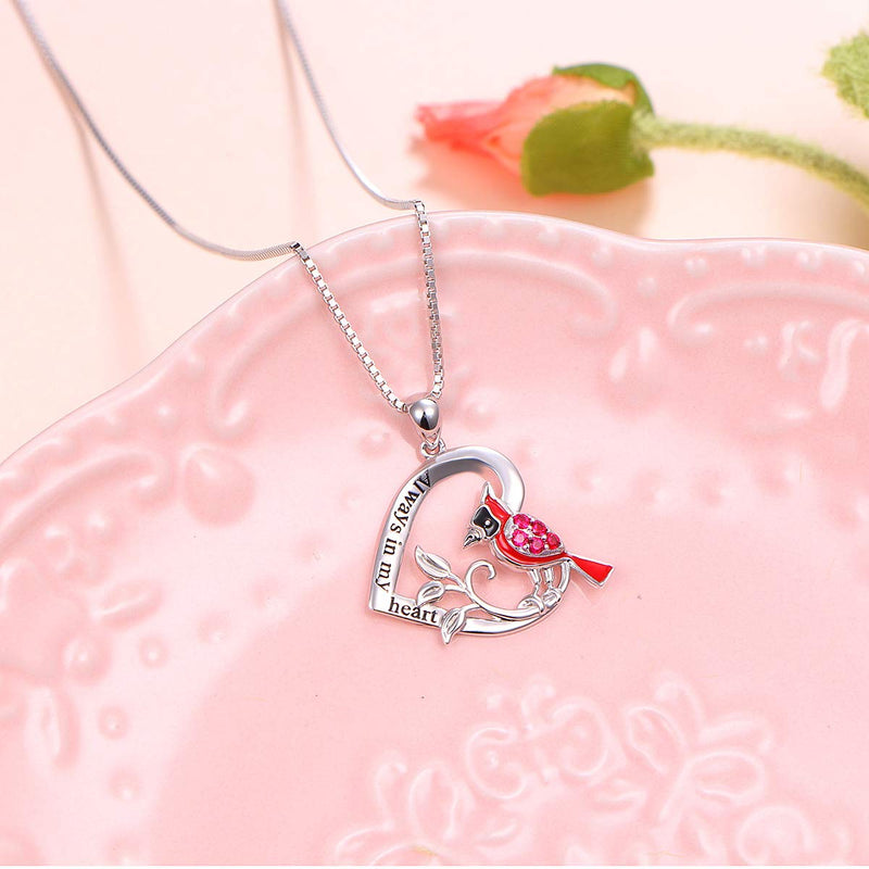 [Australia] - 925 Sterling Silver Engrave Always in My Heart Angel Red Bird Cardinal Pendant Necklace and Earrings Sympathy Gift for Women Girls 
