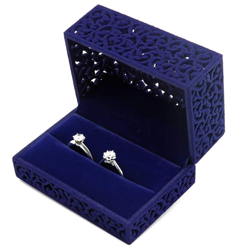 [Australia] - HOLLY TRIP Ring Box, Hollow Square Velvet Couple Double Rings Gift Box Wedding Ring Jewelry Box for Proposal Engagement, Royal Blue Couple Rings 