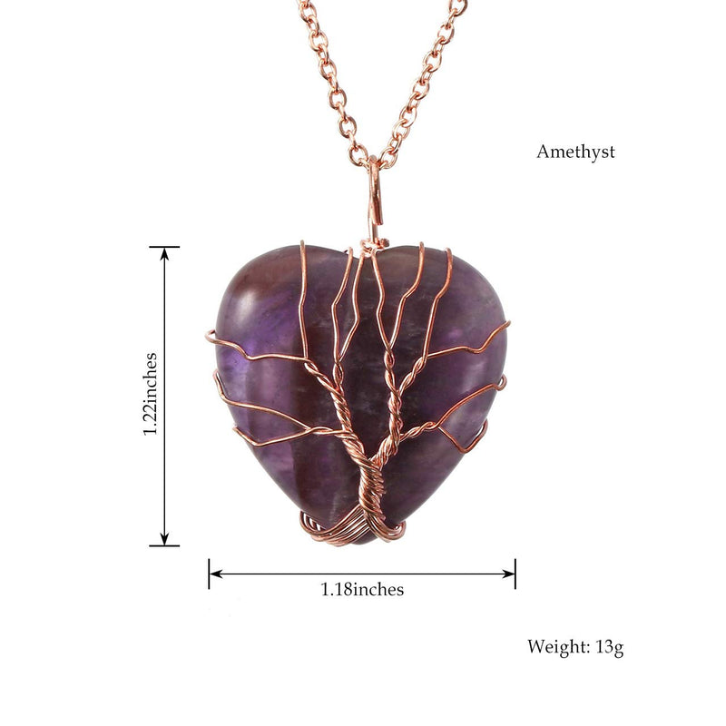 [Australia] - Jovivi Vintage Teardrop/Heart Natural Gemstones Healing Crystal Stone Necklace Wire Wrapped Copper Tree of Life Chakra Pendant, Mothers Gifts Amethyst(Heart-shape) 