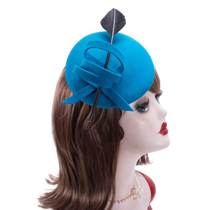 [Australia] - Ladies Curly Feather Felt Wool Fascinator Pillbox Tilt Cocktail Formal Hat A145 Blue 