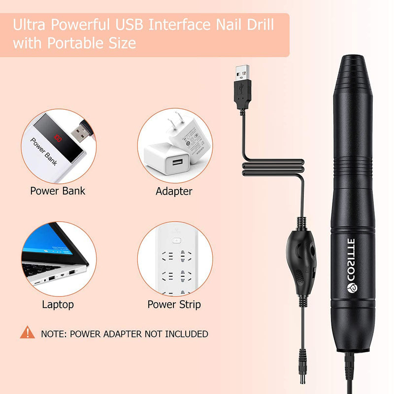 [Australia] - COSITTE Electric Nail Drill, USB Electric Nail Drill Machine for Acrylic Nails, Portable Electrical Nail File Polishing Tool Manicure Pedicure Efile Nail Supplies for Home and Salon Use Black 