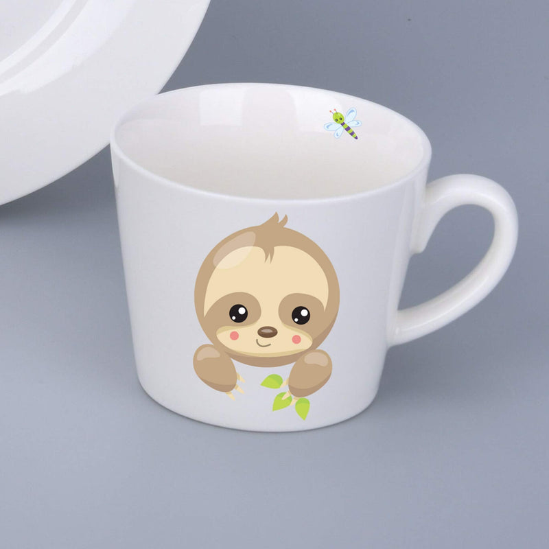 [Australia] - 3 Piece Childrens Dinnerware Set - Durable Vegan New Bone China Kids First Ceramic Tableware - Sloth Plate, Mug and Bowl Gift for Boys, Girls, Keepsake 