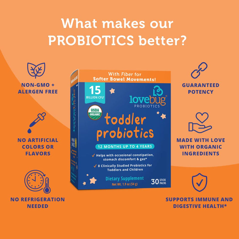 [Australia] - Lovebug Award Winning Probiotic for Toddlers & Kids | Multi-Strain 15 Billion CFU | Easy-to-Take Powder | Sugar Free | Ages 12 Months to 4 Years | 30 Packets 