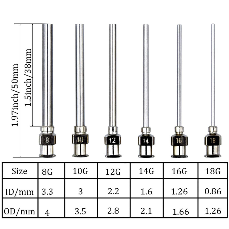 [Australia] - 12 Pack Dispensing Needle Set, 1.97inch Stainless Steel Blunt Tip Luer Lock 8, 10, 12, 14, 16, 18 Gauge. 