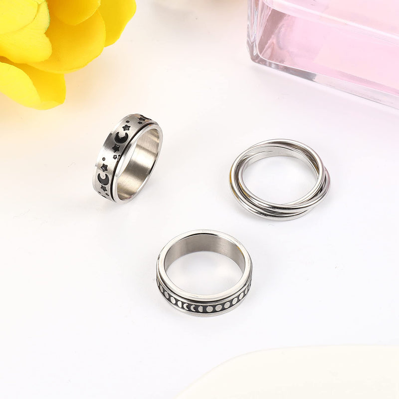 [Australia] - FINREZIO 6Pcs Stainless Steel Spinner Rings Set for Women Mens Moon Star CZ Matte Flower Triple Interlocked Rolling Stress Relieving Ring Anxiety Relief Fidget Band Rings 5 