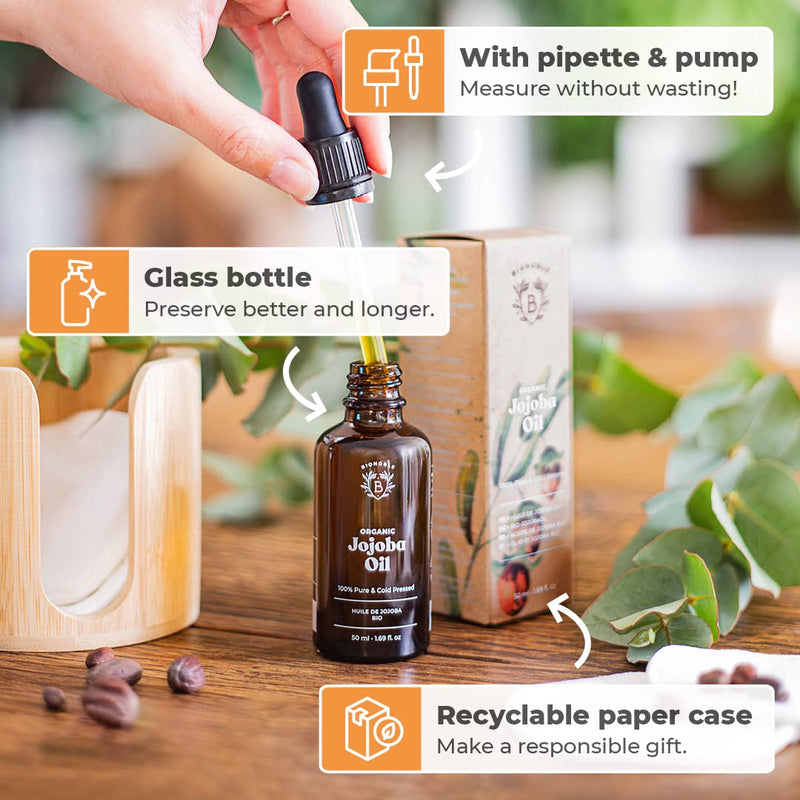 [Australia] - Bionoble Organic Jojoba Oil 50ml - 100% Pure, Natural and Cold Pressed - Face, Body, Hair, Beard, Nails - Vegan and Cruelty Free - Glass Bottle + Pipette + Pump 50 ml (Pack of 1) 