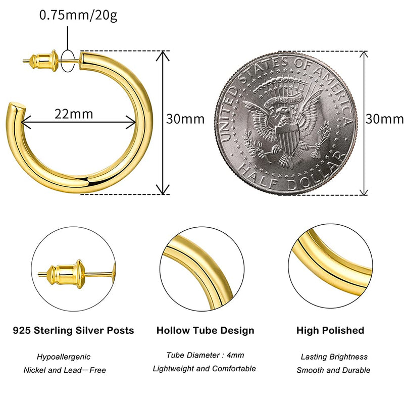 [Australia] - Isuphension 18K Gold Plated Hoop Earrings for Women, Lightweight Chunky Open Gold Hoops Earrings, 4mm Thick Gold Earrings for Girls Sensitive Ears 