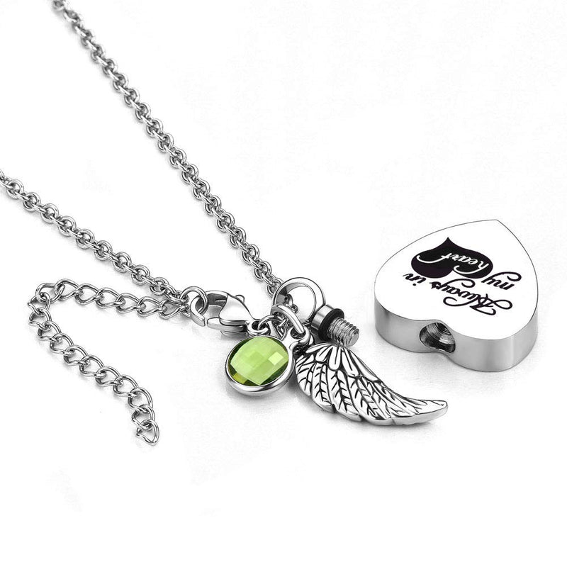 [Australia] - Infinite Memories - Always in My Heart - Angel Wing Love Heart Birthstones Crystal Urn Necklace for Ashes Keepsake Pendant August 