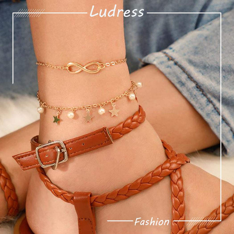 [Australia] - Ludress Boho Layered Anklets Gold Star Ankle Chain Pearl Ankle Bracelet Tassel Foot Chain Jewelry Accessories for Women and Girls 