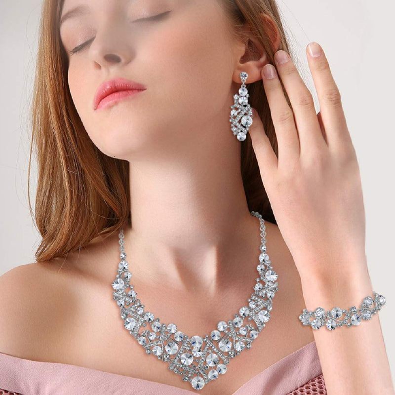 [Australia] - Flyonce Rhinestone Crystal Bridal Jewelry Set for Women, Wedding Party Necklace Earrings Bracelet Clear Silver-Tone 