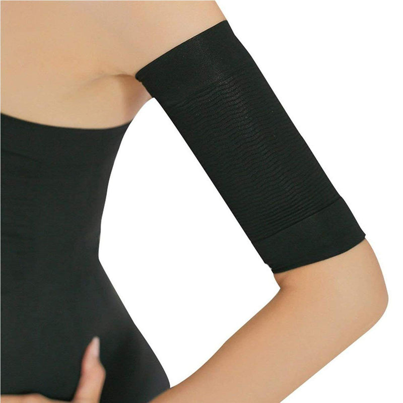 [Australia] - 2 Pair Elastic Compression Arm Sleeves Women Weight Loss Calories Slimming Arm Shaper Massager Arm Belt Slimming Compression Arm Shaper Helps Shape Upper Arms Sleeve for Sport Fitness, Black + Nude 