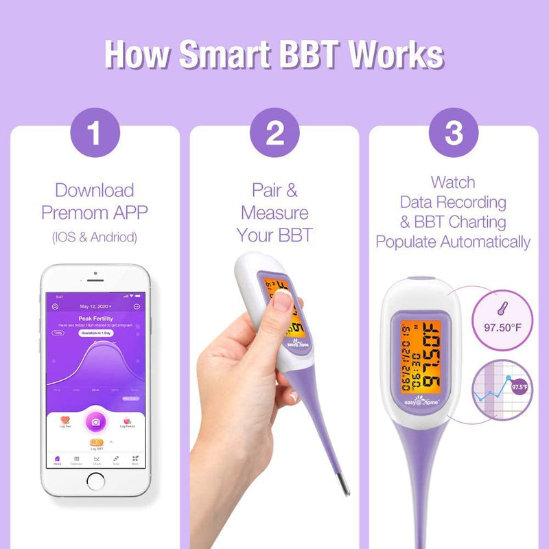 [Australia] - Easy@Home Smart Basal Thermometer, Large Screen and Backlit, Period Tracker with Premom (iOS & Android) - Auto BBT Sync, Charting, Coverline, Accurate Fertility Prediction EBT-300 Purple 