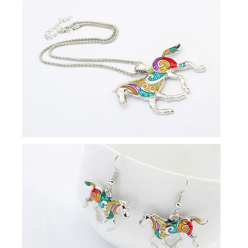 [Australia] - Charms Enamel Rainbow Horse Pendant Necklace with Earrings Jewelry Sets Silver,White 