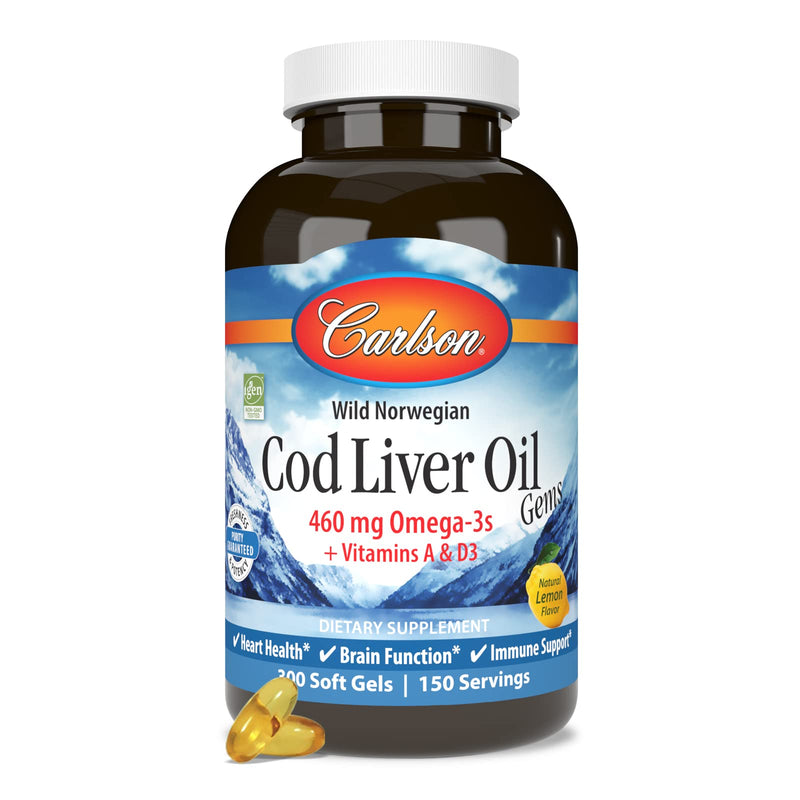 [Australia] - Carlson - Cod Liver Oil, 460 mg Omega-3s + Vitamins A & D3, Wild-Caught Norwegian Arctic Cod-Liver Oil, Sustainably Sourced Nordic Fish Oil Capsules, Lemon, 300 Softgels 300 Count (Pack of 1) 