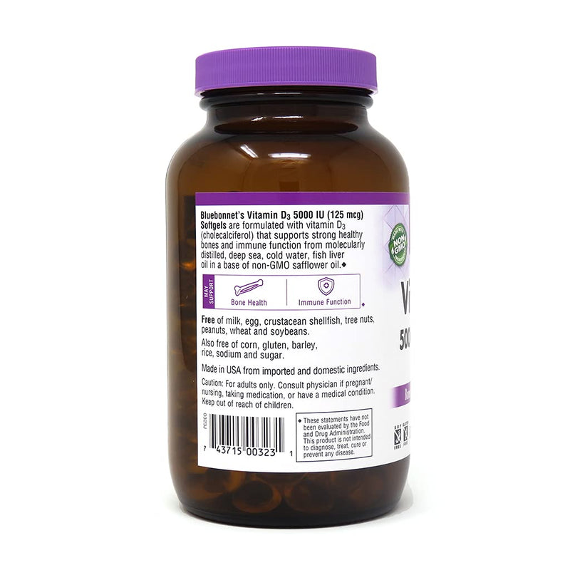 [Australia] - BlueBonnet Nutrition Vitamin D3 5000 IU Softgels, Aids in Muscle and Skeletal Growth, Cholecalciferol from Fish Oil, Non GMO, Gluten Free, Soy Free, Dairy Free, Yellow, 250 Softgels 