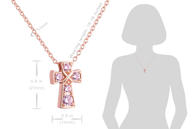 [Australia] - Karseer Womens Christian Cross Pendant Necklace with AAA Birthstone Crystals Religious Fashion Accessory Rose Gold / Oct Birthstones Pink Sapphire 