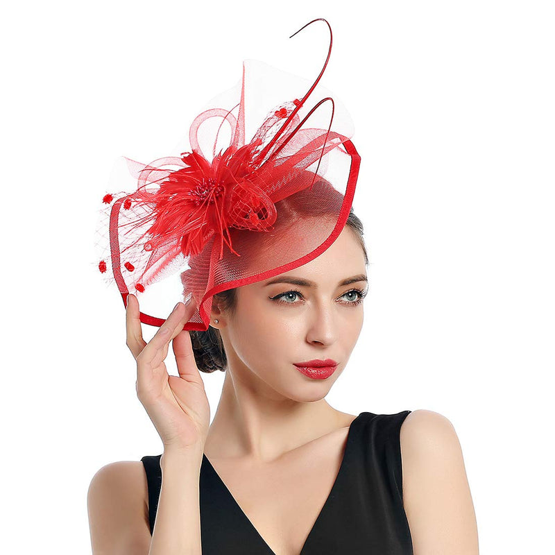 [Australia] - Women Fascinators Kentucky Derby Hair Clip Headband Wedding Tea Party Hat Mesh Feathers Hairband 5-red 