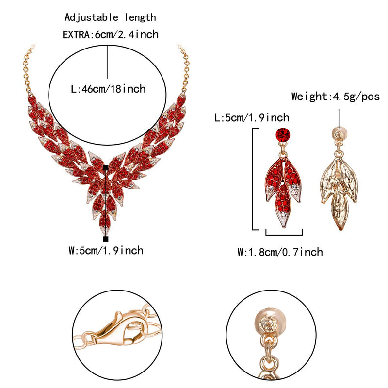 [Australia] - Flyonce Austrian Crystal Wedding Flower Leaf V-Shaped Necklace Earrings Set for Women Red Gold-Tone 