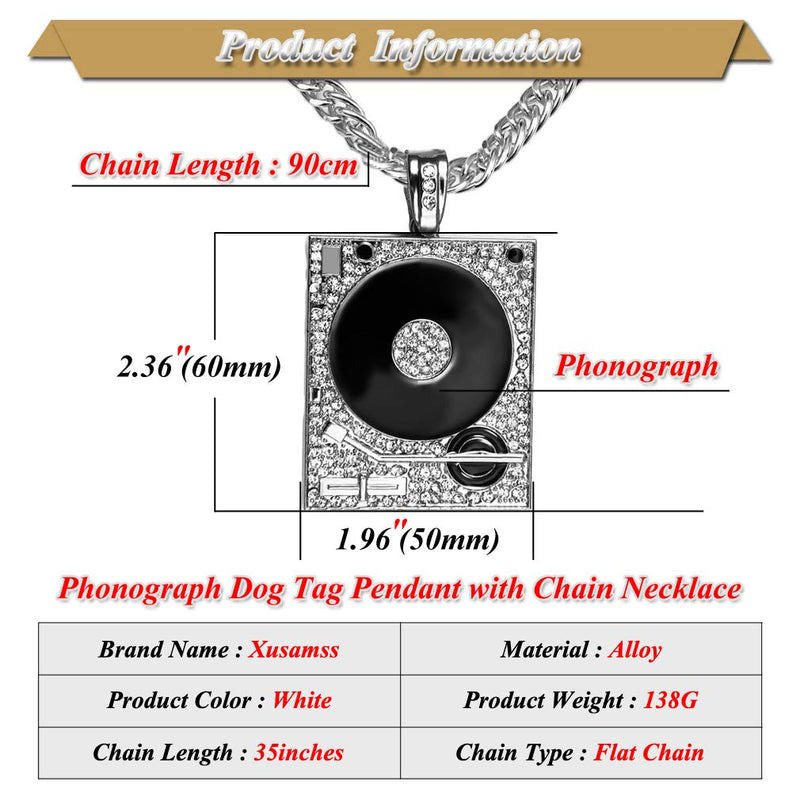 [Australia] - Xusamss Hip Hop DJ 18K Gold Plated Crystal Phonograph Tag Pendant Necklace with Chain plated silver 