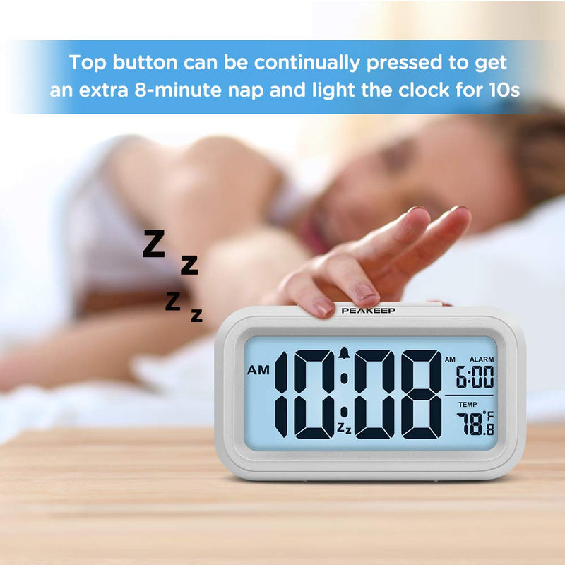 [Australia] - PEAKEEP Smart Night Light Digital Alarm Clock with Indoor Temperature, Battery Operated Desk Small Clock (White) White 