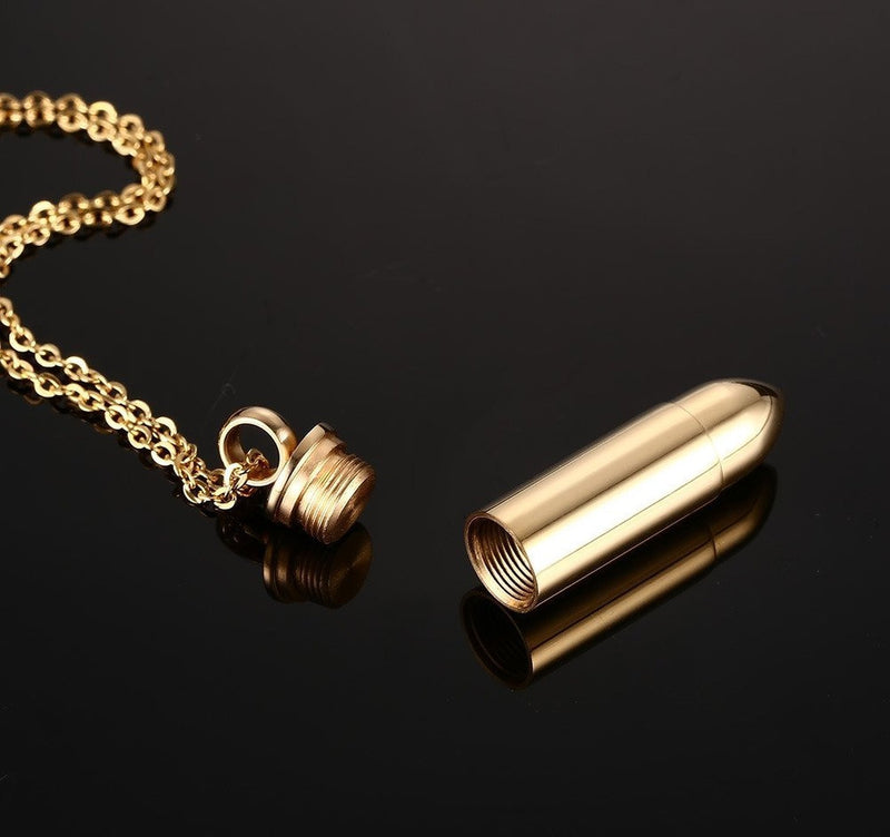 [Australia] - Stainless Steel Polished Bullet Urn Pendant Necklace Memorial Ash Keepsake Cremation Jewelry gold 