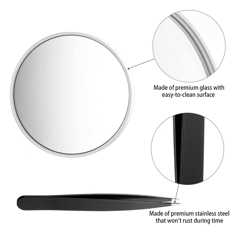 [Australia] - Magnifying Mirror and Tweezers Kit, Funtopia 10X & 20X Magnifying Makeup Mirrors with 2 Suction Cups, Portable Magnifier Travel Set for Eyebrow Tweezing, Blackhead Blemish Removal, 3.5 Inch (Mirror) 