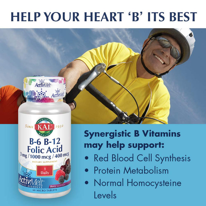 [Australia] - KAL B-6, B-12, Folic Acid ActivMelt | Healthy Heart & Energy Support | Natural Berry Flavor | 60 Micro Tablets, 60 Serv. 