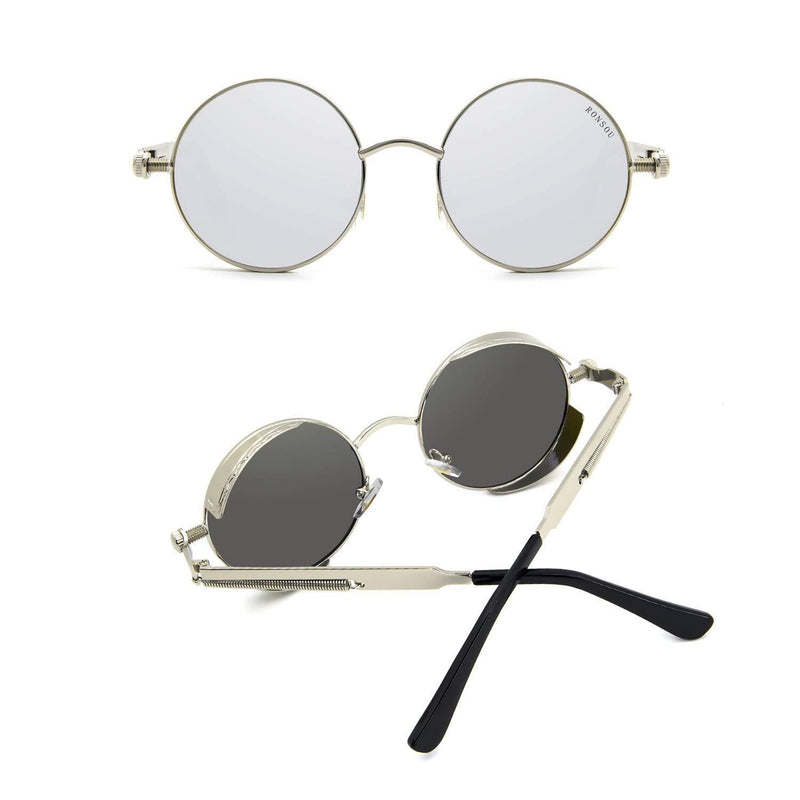 [Australia] - Ronsou Steampunk Style Round Vintage Polarized Sunglasses Retro Eyewear UV400 Protection Matel Frame Silver Frame/Silver Lens 