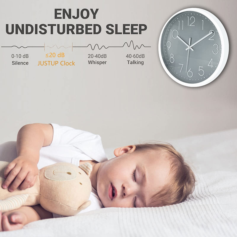 [Australia] - 12in Non-Ticking Wall Clock, JUSTUP Silent Battery Operated Wall Clock with ABS Frame HD Glass Cover for Kids Living Room Bedroom Kitchen School Office Decor (Gray) Gray 