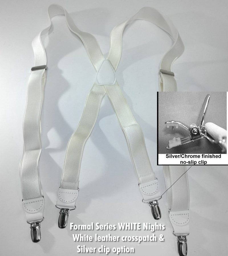 [Australia] - Holdup Brand X-back 1" wide Satin Finish White Suspenders with No-slip Silver Clips 