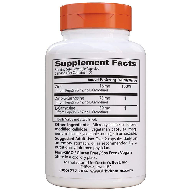 [Australia] - Doctor's Best PepZin GI, Zinc-L-Carnosine Complex, Non-GMO, Vegan, Gluten Free, Soy Free, Digestive Support, 120 Veggie Caps 120 Count (Pack of 1) 